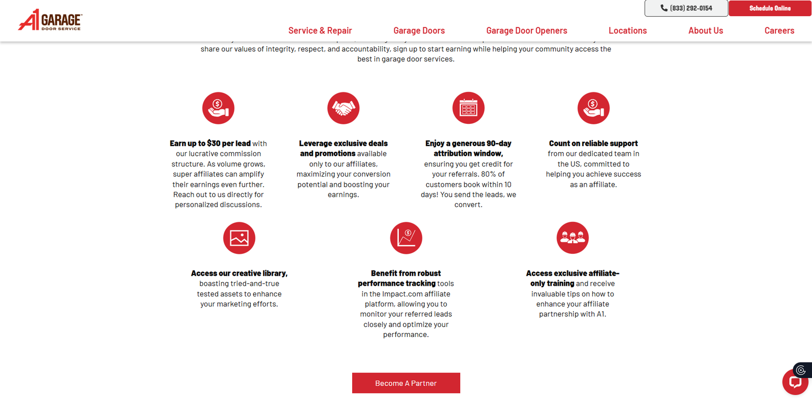 Screenshot of A1 Garage Door's Affiliate Program