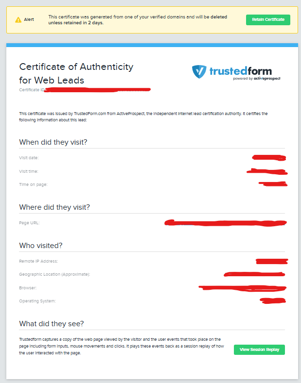 Trustedform certificate of fake lead