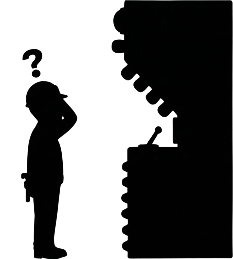 Confused Contractor Looking at big machine which's complexity represents their complex marketing