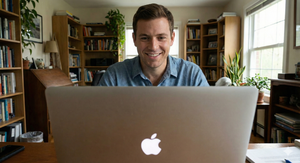 Man Looking Over Computer Working From Home
