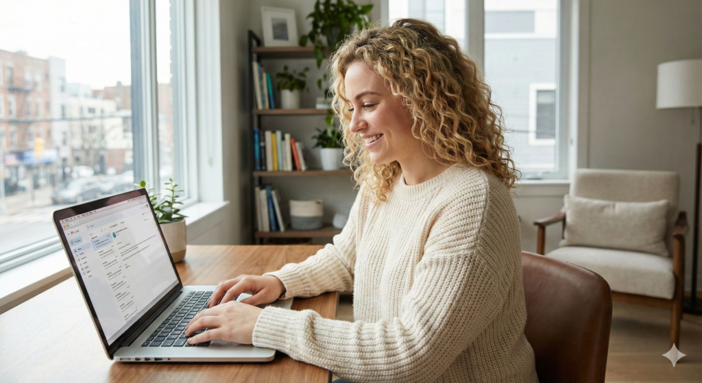 Woman Working From Home Typing On Computer