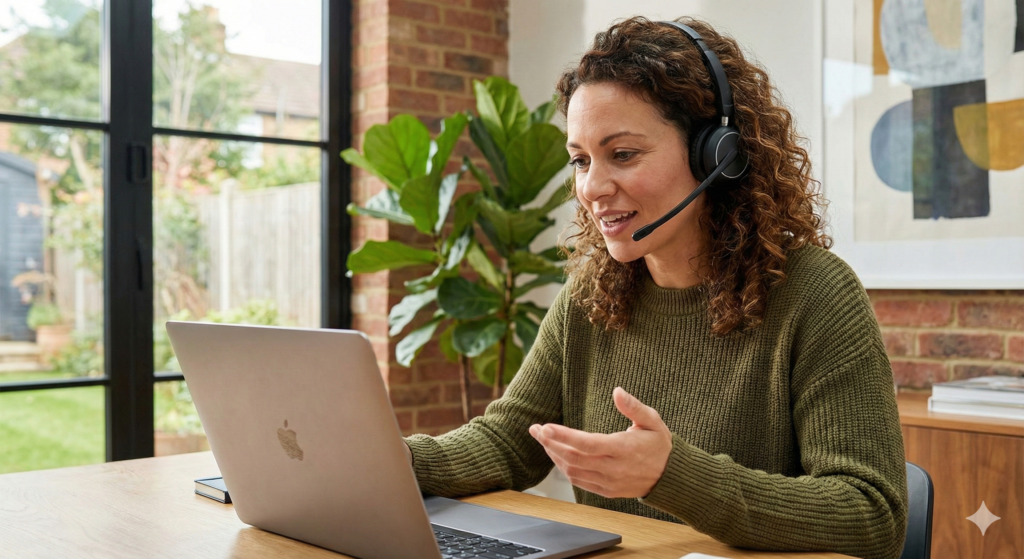 Woman Speaking On Headset Speaking To Client